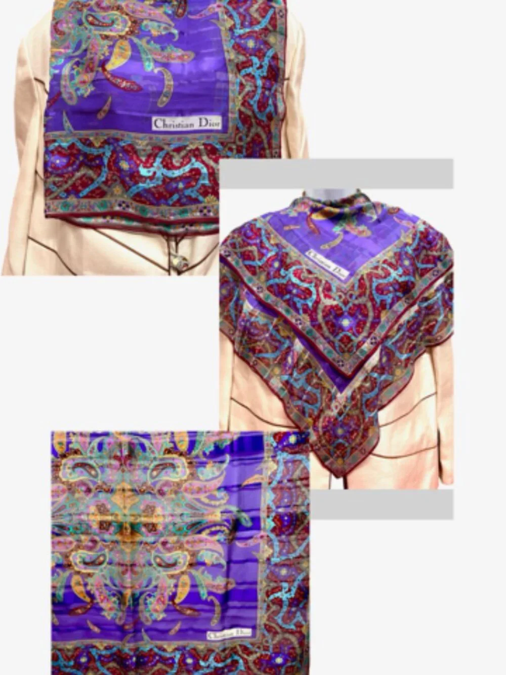 Christian Dior Soft 00% Silk Scarf Chiffon & Satin PurplePaisley Floral 31